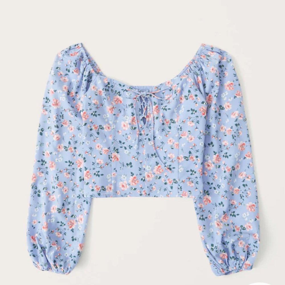 NWOT Abercrombie & Fitch Puff Sleeve Lace-Up Sweetheart Blouse (BLUE / SMALL)